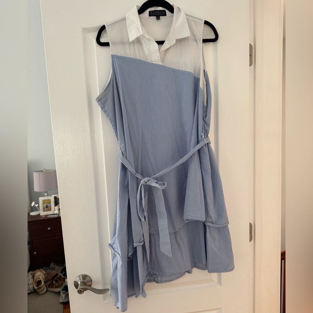 Blue and White Sleeveless Shirtdress, Asymmetrical Hemline
